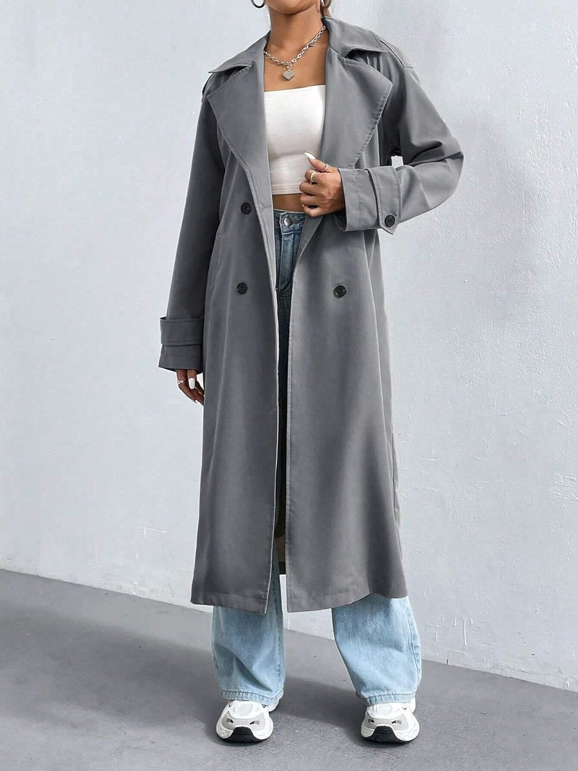 Womens Fashion Trench Outwear Solid Color Loose-Fit Trench Coat Jacket Coat