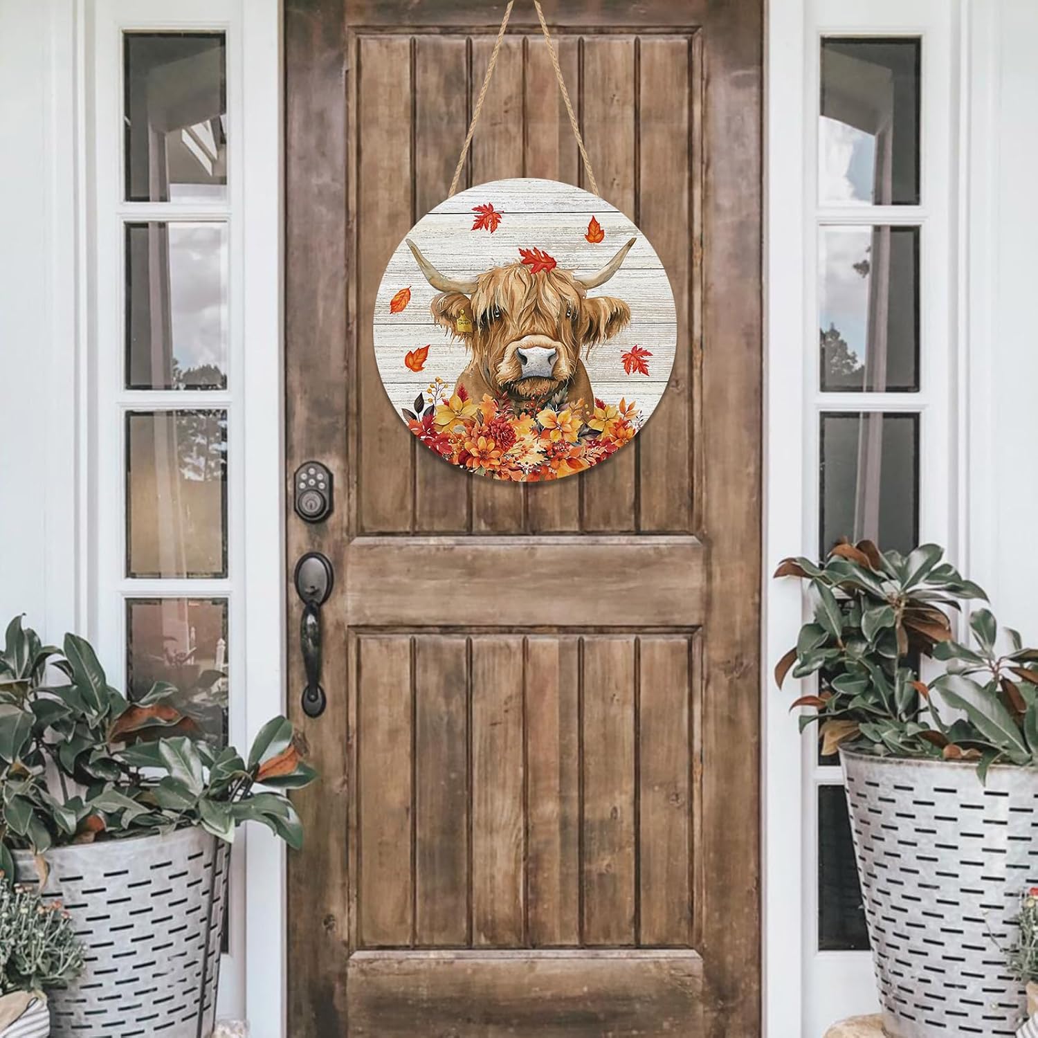 Fall Highland Cow Door Sign Wood Door funny Hanger for Outdoor Outside Porch Autumn Farmhouse Wooden Indoor Wall Hanging Decoration