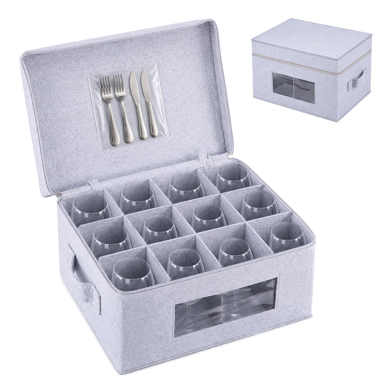 Wine Glass Storage Box with Lid, Hard Shell Stemware Storage Container with 12 Dividers, Glassware Packing Box for Moving Crystal Wine Glasses, Champagne Flutes, Drinkware Organizer (Grey)
