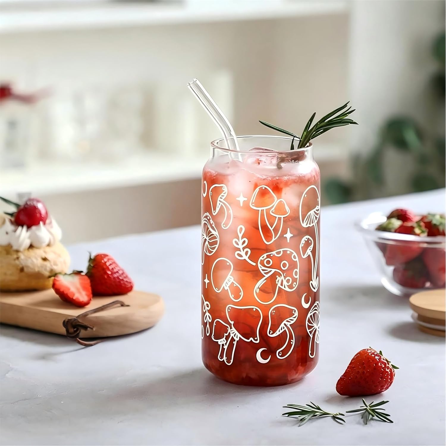 Mushrooms Gifts for Women 16oz Mushroom Glass Cups with Lids Straws