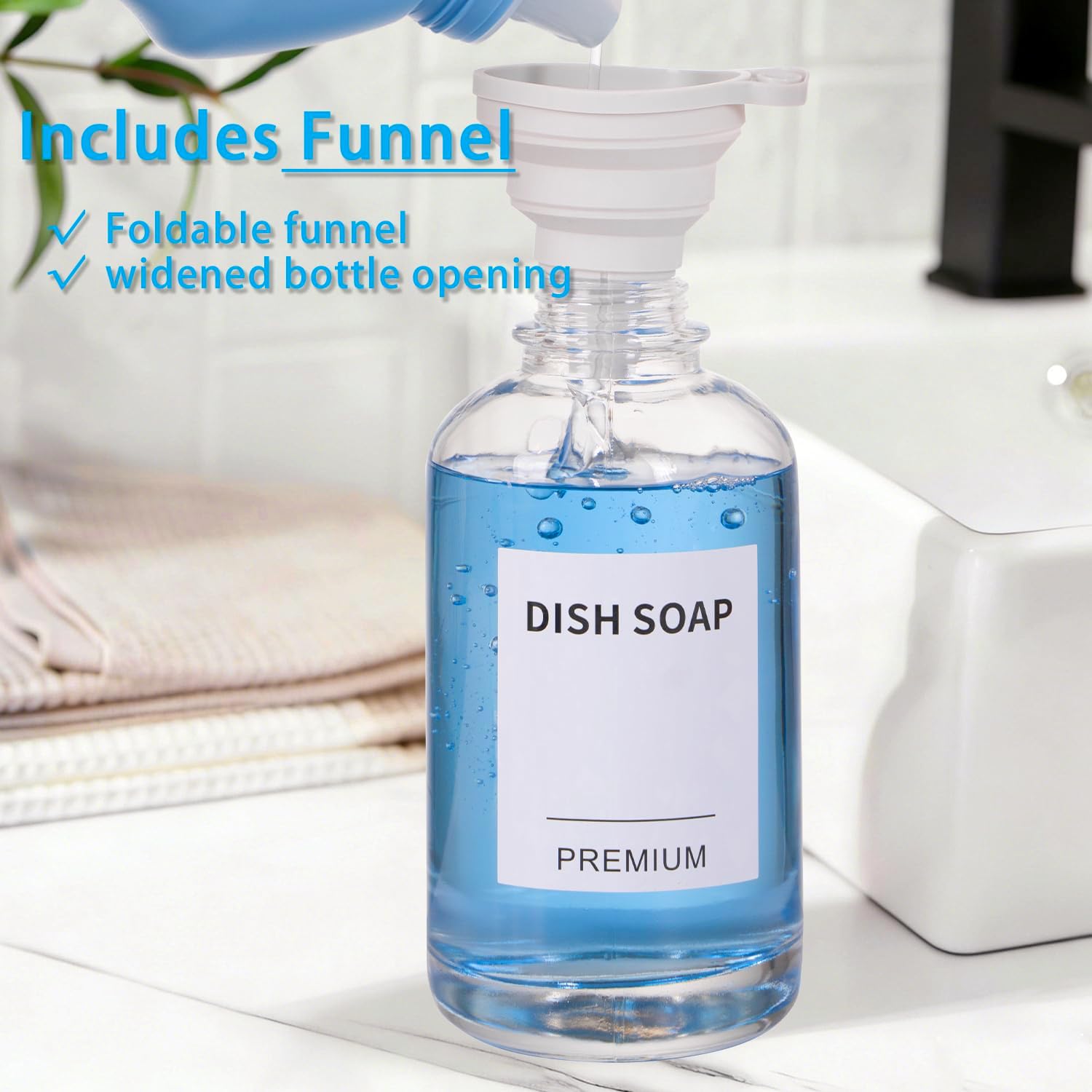 Dish Soap Dispenser for Kitchen, Hand Glass Soap Dispenser Set with Pump, Tray, Funnel for Bathroom, Shower, Laundry, Liquid, Lotion (Silver 2 Pack 18 Oz Clear Bottles with 12 Stickers) - Image 3