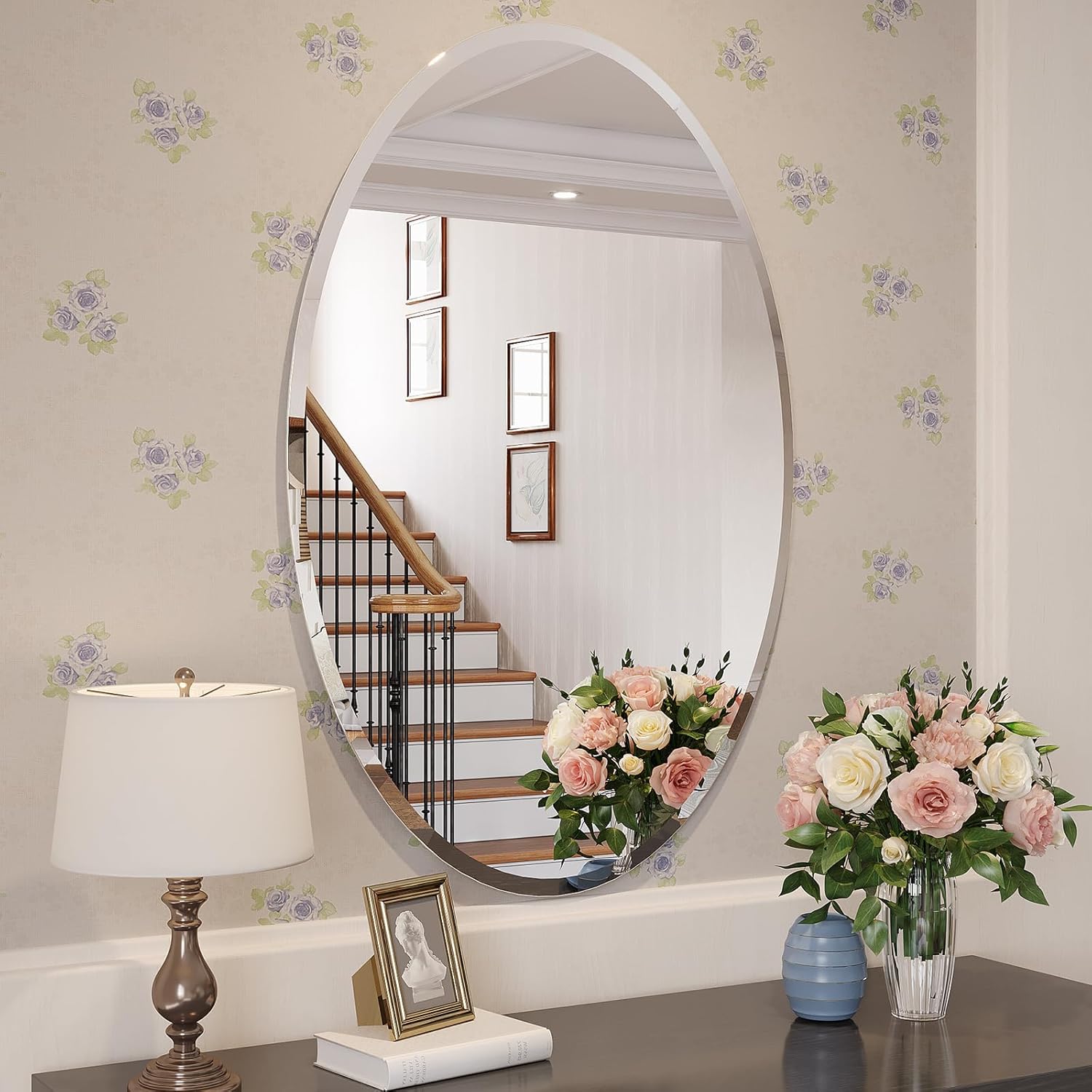 Frameless Oval Mirror, 20x28 Inch Beveled Bathroom Mirrors for Over Sink, Tempered Glass Oval Mirrors for Vanity, Living Room, Bedroom, Entryway