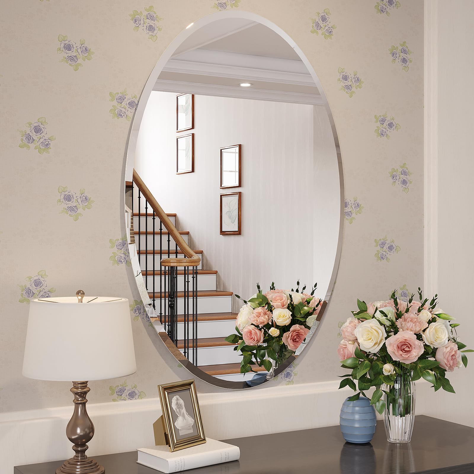 Mestikits Frameless Oval Mirror, 24x36 Inch Beveled Bathroom Mirrors for Over Sink, Tempered Glass Oval Mirrors for Vanity, Living Room, Bedroom,