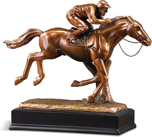 F54061 Jockey On Horse - Escultura de resina chapada en bronce, 12 x 3.5 x 9.5 pulgadas