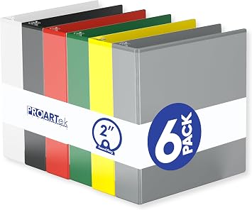 Proartek PK00064 Model 831361 Pack of 6 Binders, Assorted Colors; 2-inch Round Ring, Office Binder, Durable Construction, Ergonomic Design, Multiple Colors Available