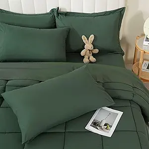 DOWNCOOL Queen Comforter Set, 7Pcs Bedding Sets Queen Sage Green, All Season Down Alternative Bed in a Bag Queen with Comforter, Flat Sheet, Fitted Sheet, 2 Pillow Shams & 2 Pillowcases