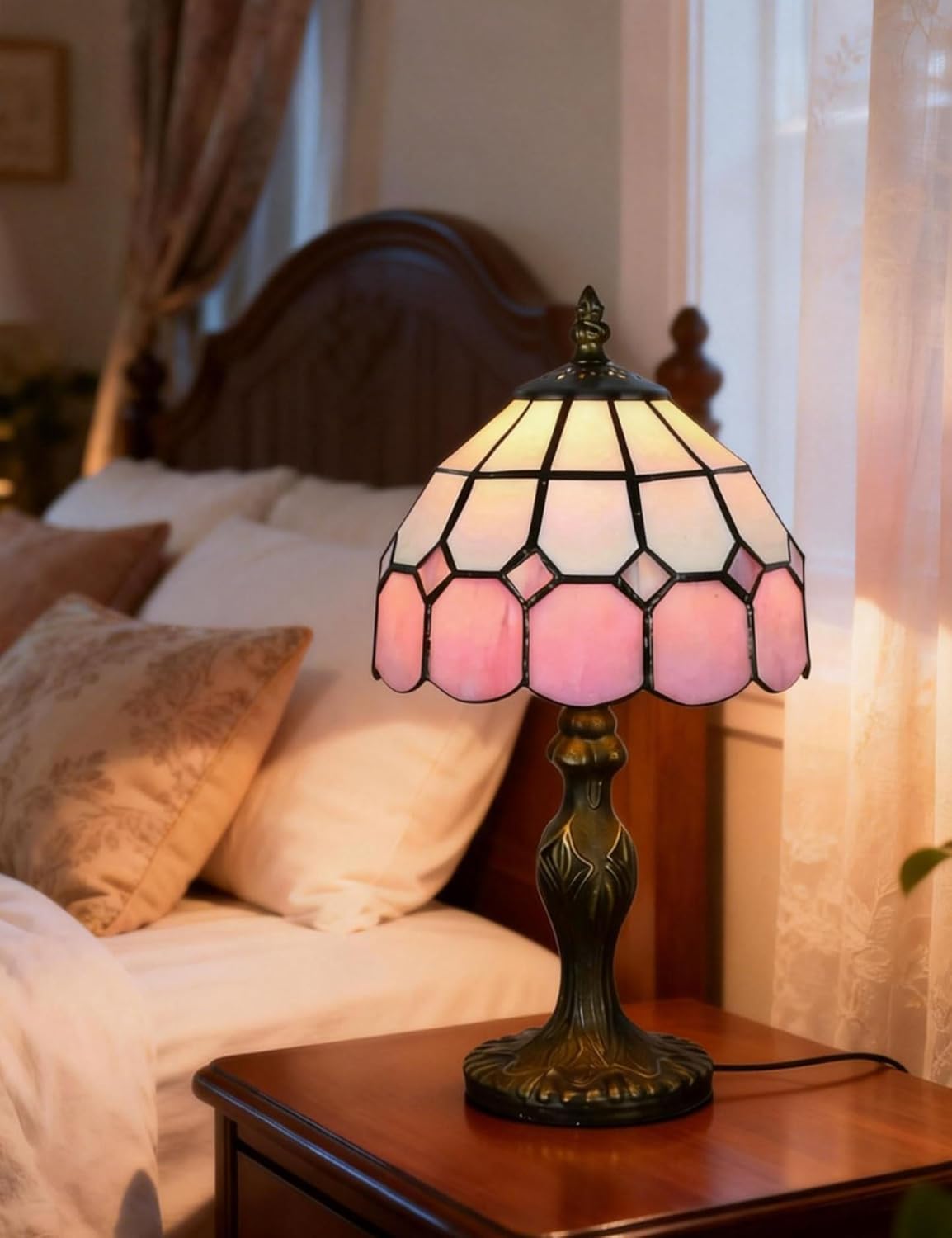 Vintage Tiffany Style Table Lamp, Handmade Stained Glass Shade, Desk & Bedside Lamp for Bedroom, Office, Study - 8 Inch Warm Light Reading Lamp