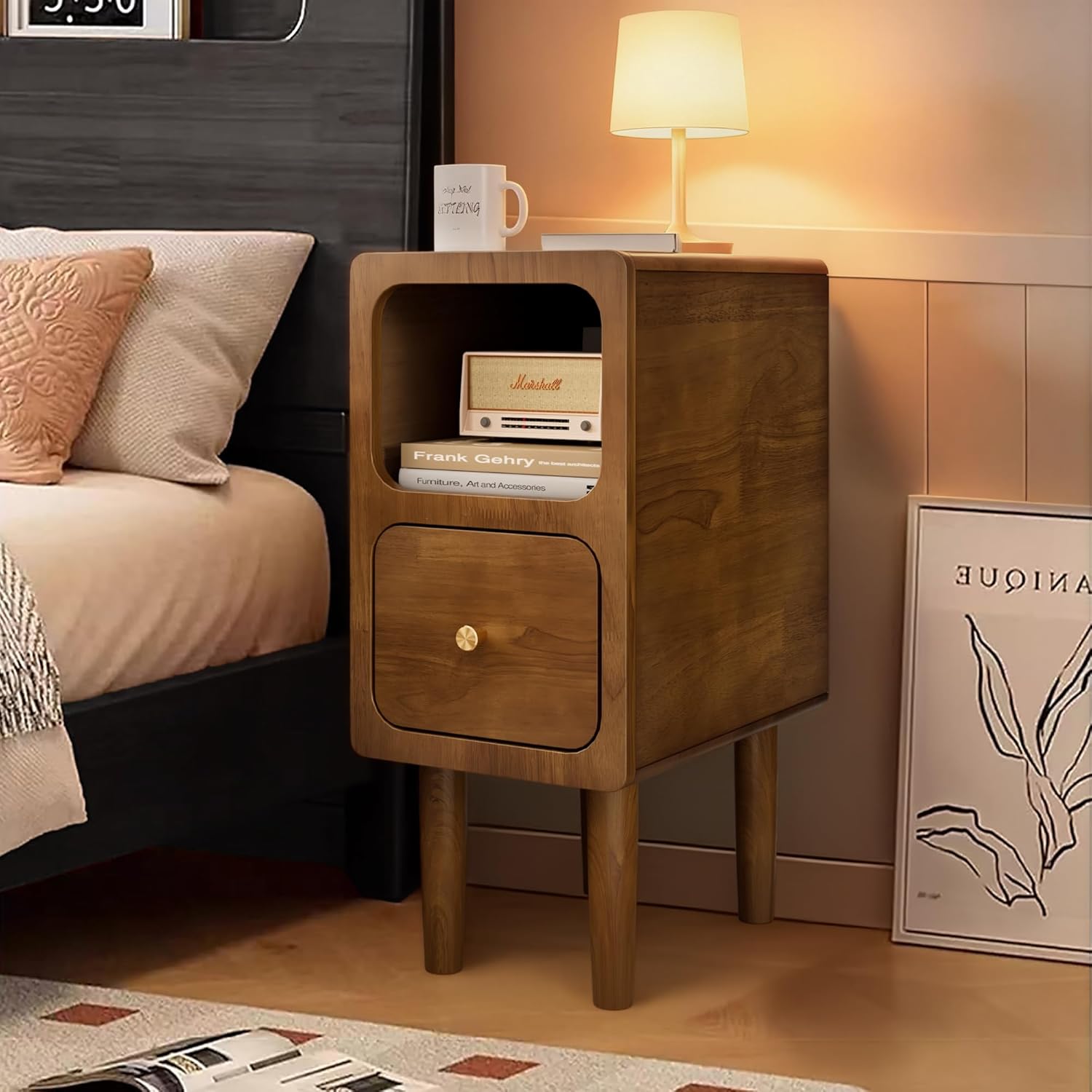 Wood Nightstand, Narrow Side Table with Drawer, Mid Century Modern Nightstand with Opening Storage for Bedroom and Small Spaces, Walnut Color