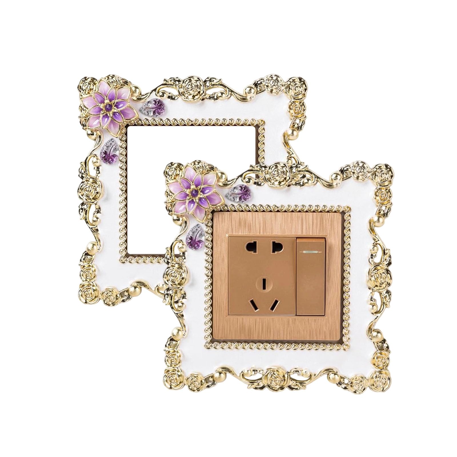 Light Switch Cover, Light Switch Surround, Gold Decorative Switch Cover Plate DWUENT European Style Decorative Floral Embossed Design, 2PCS, 15x15cm, Gold & Purple