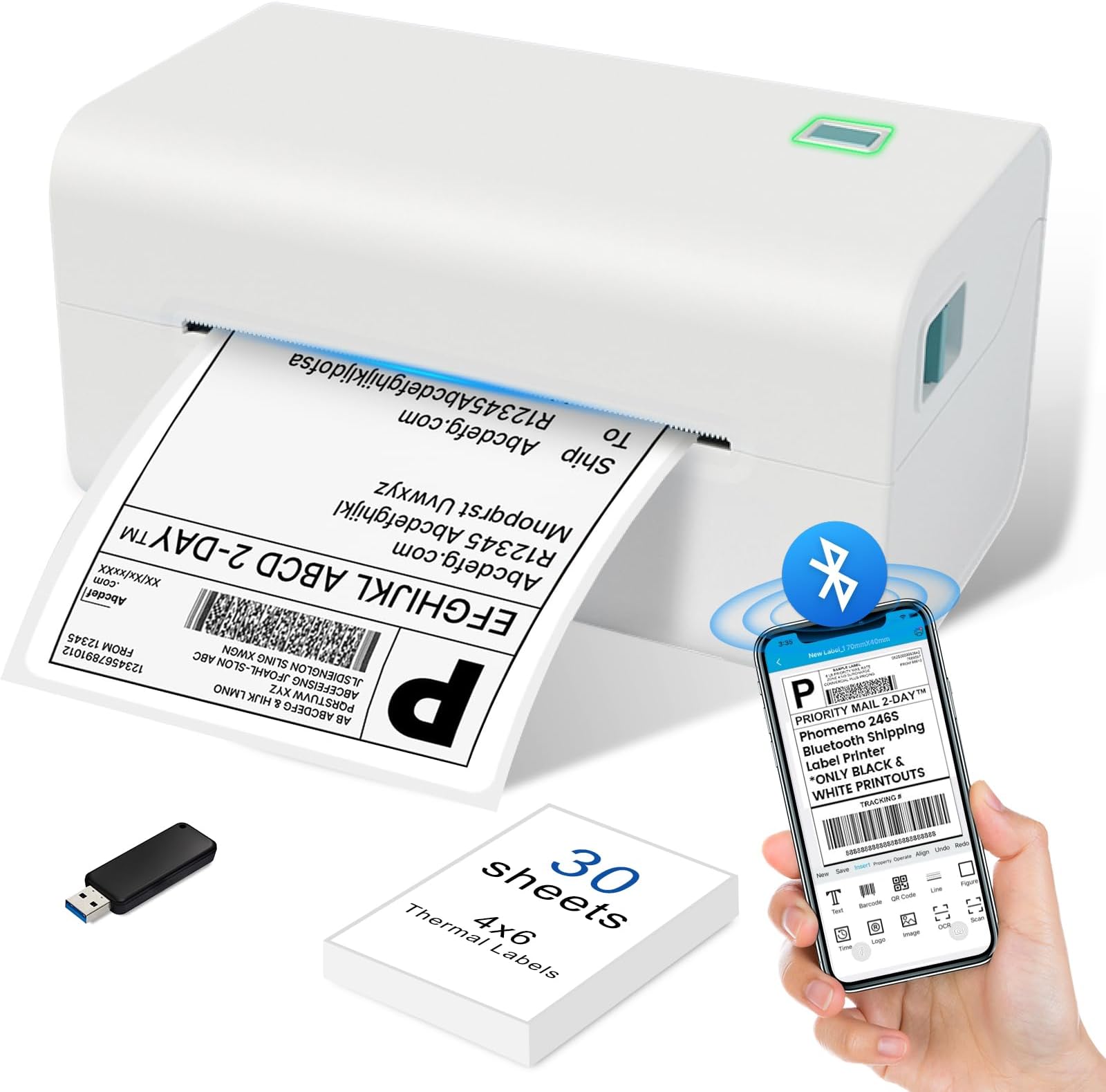 Thermal Label Printer 4x6 with Bluetooth - White Desktop Sticker Label Printer for Business and Posting Label Printer, an Essential Shipping Label Printer Compatible with Royal Mail, Vinted, Shopify.