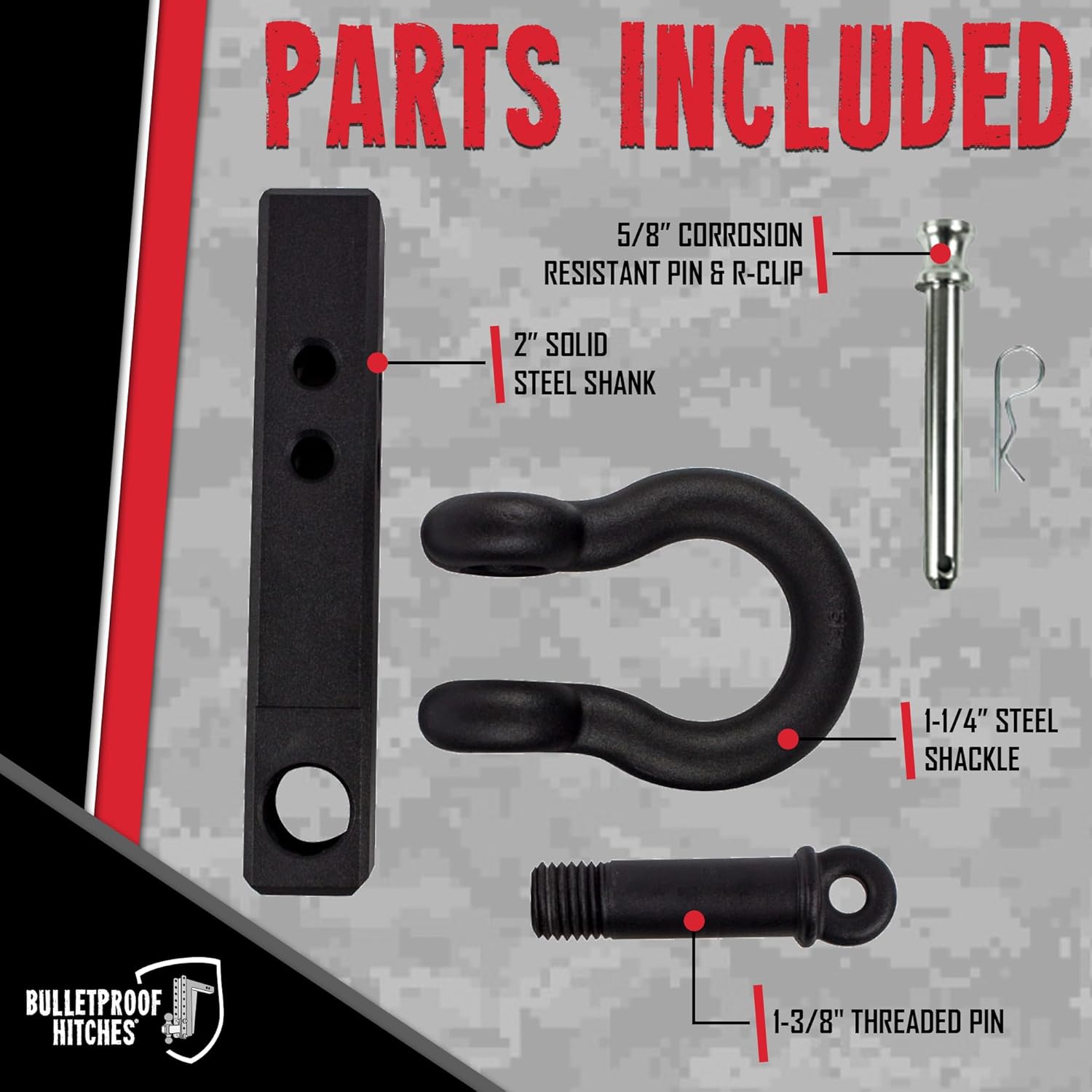 BulletProof Hitches - 2.0" Shackle Hitch Receiver with 36,000 lb. Rating and D-Ring/Clevis - Tow Hitch Shackle for 2" Receivers - Extreme Duty, Solid Steel, Black Powder Coat