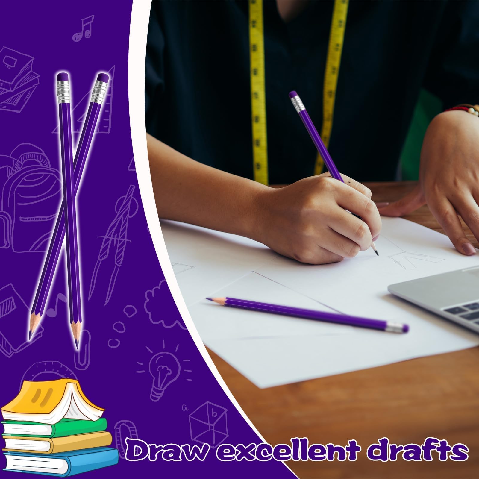 Lot de 12 crayons de couleur effaçables avec gomme pré-taillée 2 HB pour vérification, évaluation, tests et fournitures de bureau/scolaire (violet)