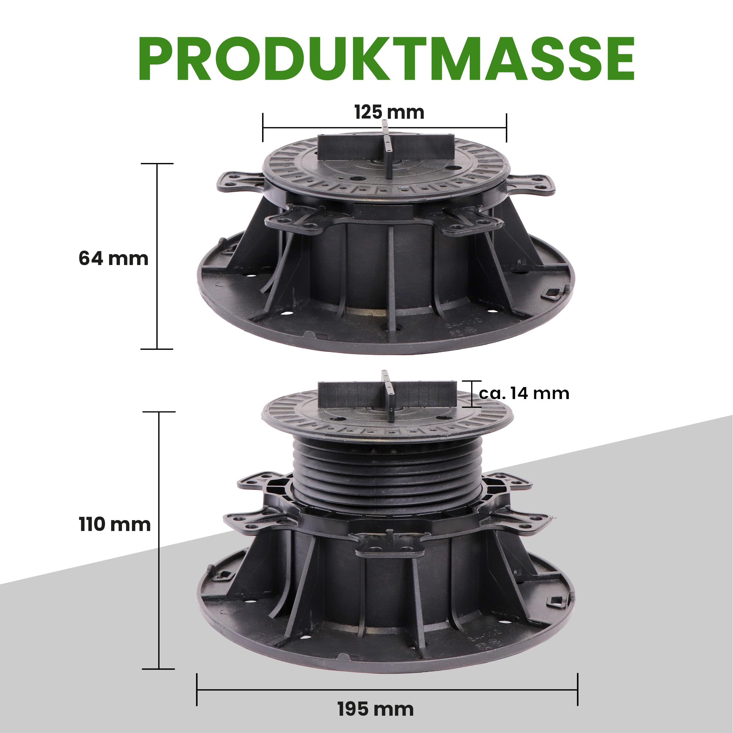 Gartenwelt Riegelsberger justierbarer Plattenlager PRO Stelzlager Stellfuß für Terrassen-Platten Keramik Stein Beton Fliesen höhenverstellbar 64-110 mm | 42 Stück (1 Karton)