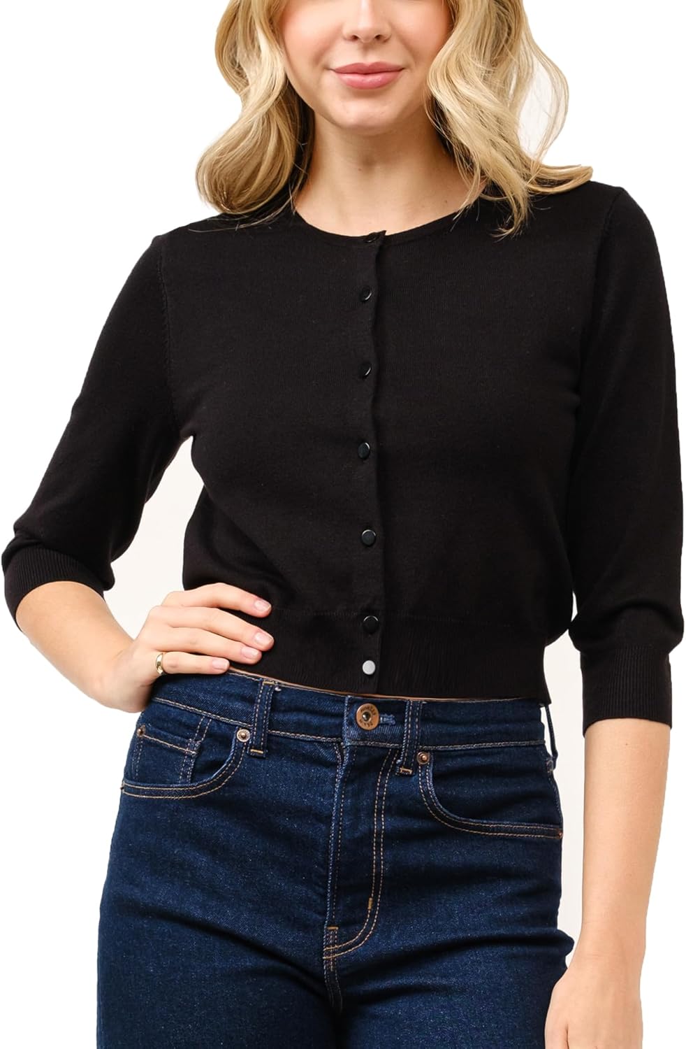 Women's Cropped Cardigan 3/4 Sleeve Crewneck Button Up Sweater Knit Top (S~XL)