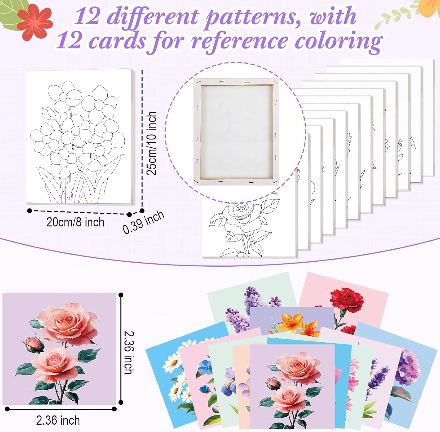 Engrowtic 12 Pcs 8 x 10'' Flower Pre Drawn Canvas to Paint Pre Printed Sketched Canvas for Adult Ladies Paint Art Party Favor Board Set for Craft(Fresh Style)
