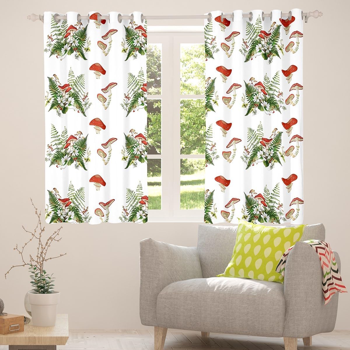 Kids Mushroom 30%-50% Blackout Curtains for Teen Girls Room Decor,Cute Red Mushroom Window Treatments Drapes for Bedroom 2 Panels,38X45 Inch,Wildlife Plant Leaves Curtain,Green Window Curtain
