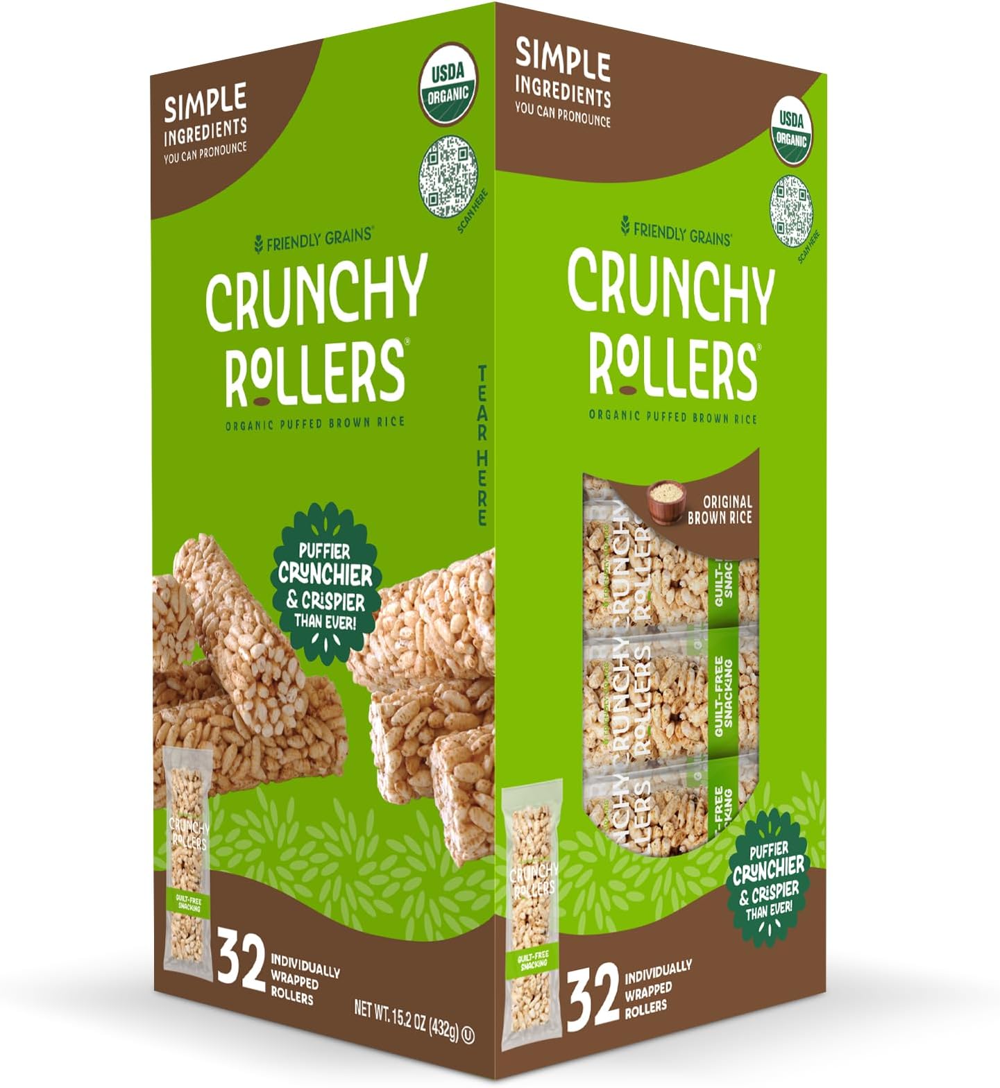 Friendly Grains - Crunchy Rollers - Organic Rice Snacks, Crispy Puffed Rice Rolls, Healthy Snack Rolls for Adults and Kids - Original Brown Rice (16 packs of 2)