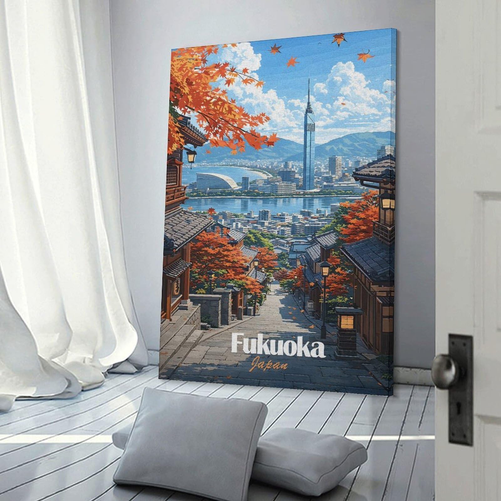 Junmoney Canvas Wall Art Fukuoka Cityscape with Autumn Leaves, 24x36inch(60x90cm), for Bedroom, Guest Room Or Reading Nook, Canvas Wall Decor for Personal Spaces