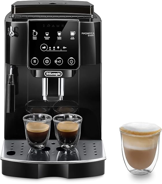 De'Longhi Magnifica Start ECAM220.22.GB, Automatyczny ekspres do kawy z dyszą do spieniania mleka, 4 napoje dostępne jednym przyciskiem, panel sterowania Soft Touch, 1450 W, czarny
