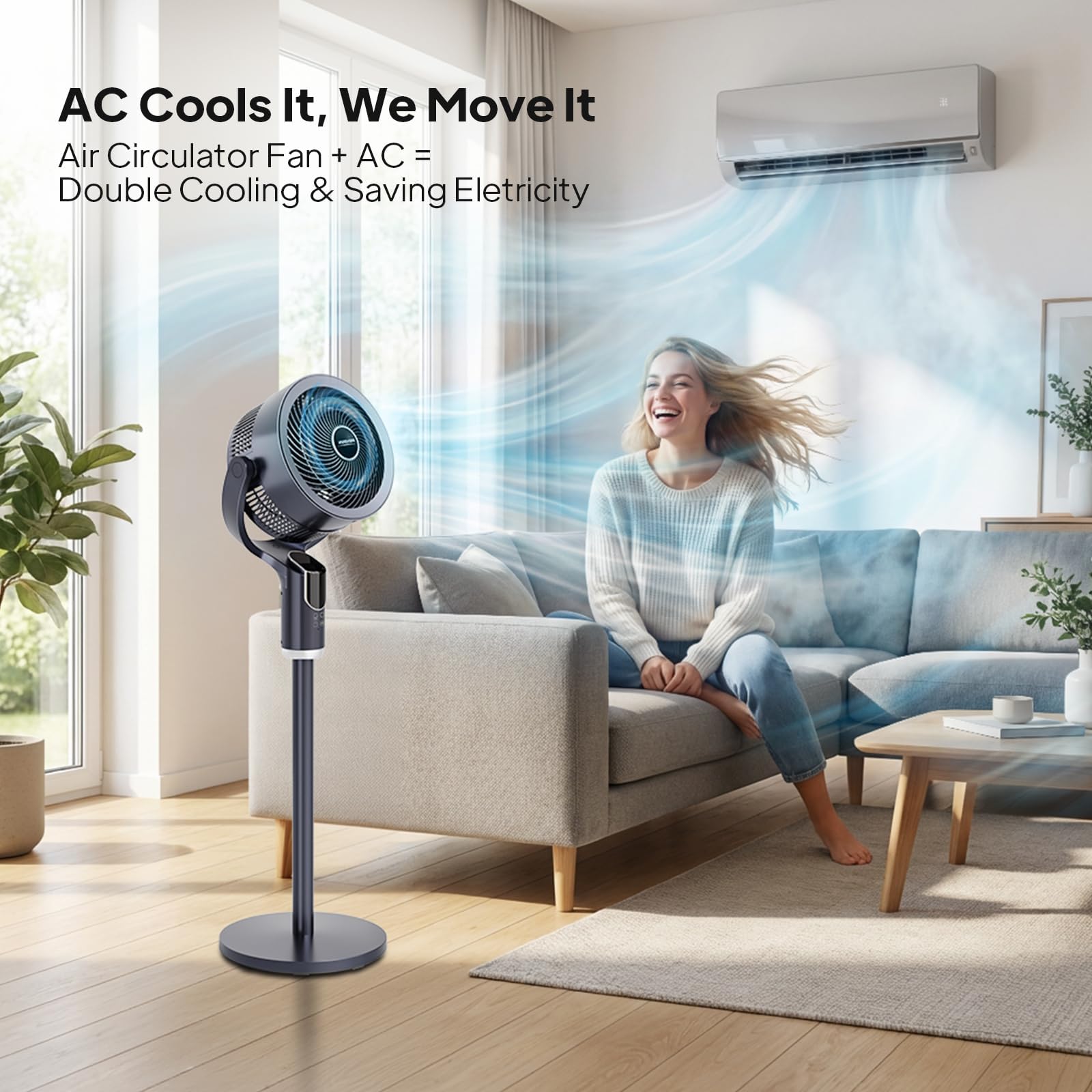 ROVSUN Ventilateur sur Pied Silencieux 3 en 1, Circulateur d’Air Puissant, 8 Vitesses, 3 Modes, Minuterie 9H, Télécommande + Écran Tactile, Oscillation 90° H / 90° V, Hauteur réglable 61-109 cm, Noir