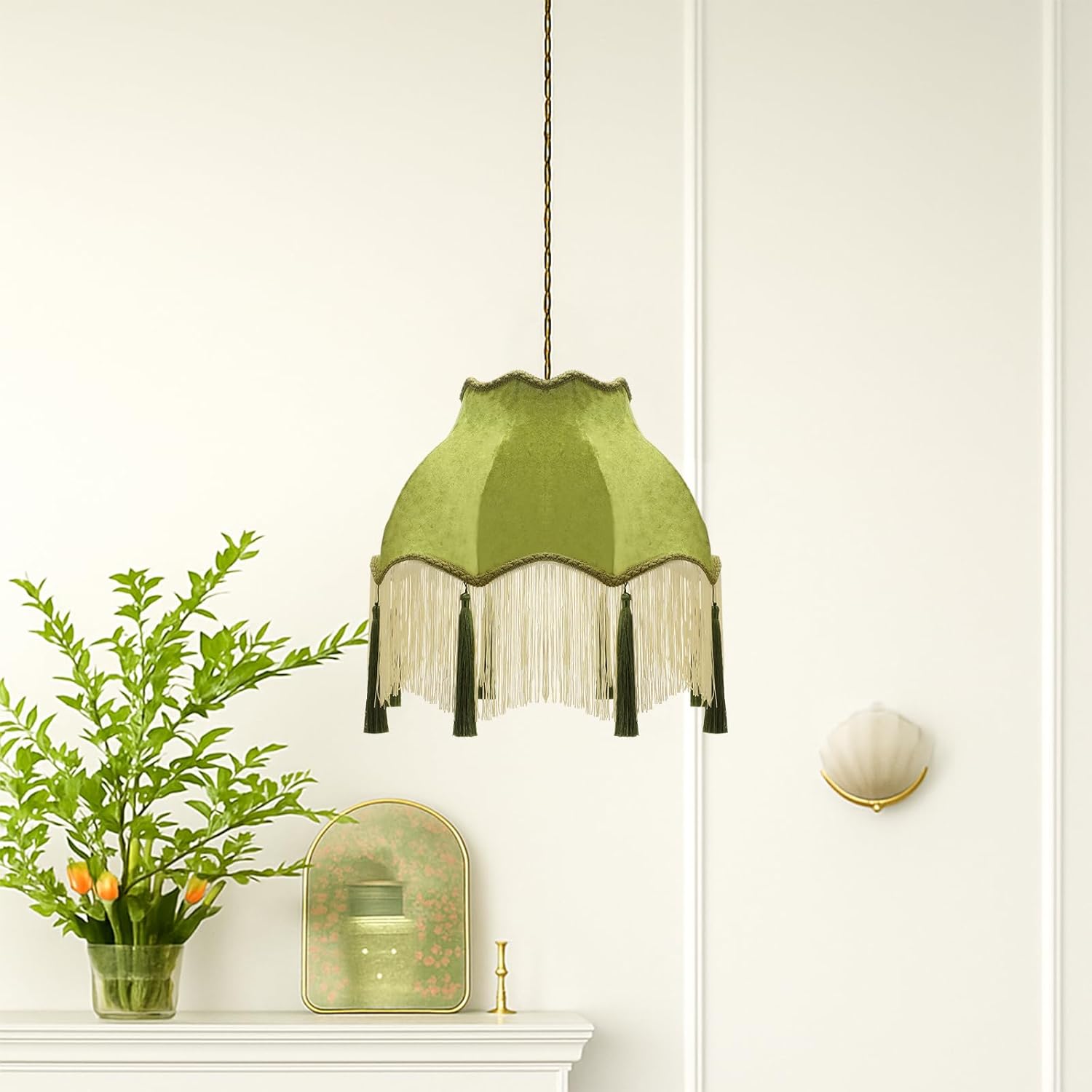 VIHOSE Victorian Scallop Lamp Shade Vintage Large 7.5" Top x 15.8" Bottom x 15 "High Replacement Lamp Shade with Tassels and Fringe Finial Fitting Bell Shape Scallop Fringe(Olive Green)