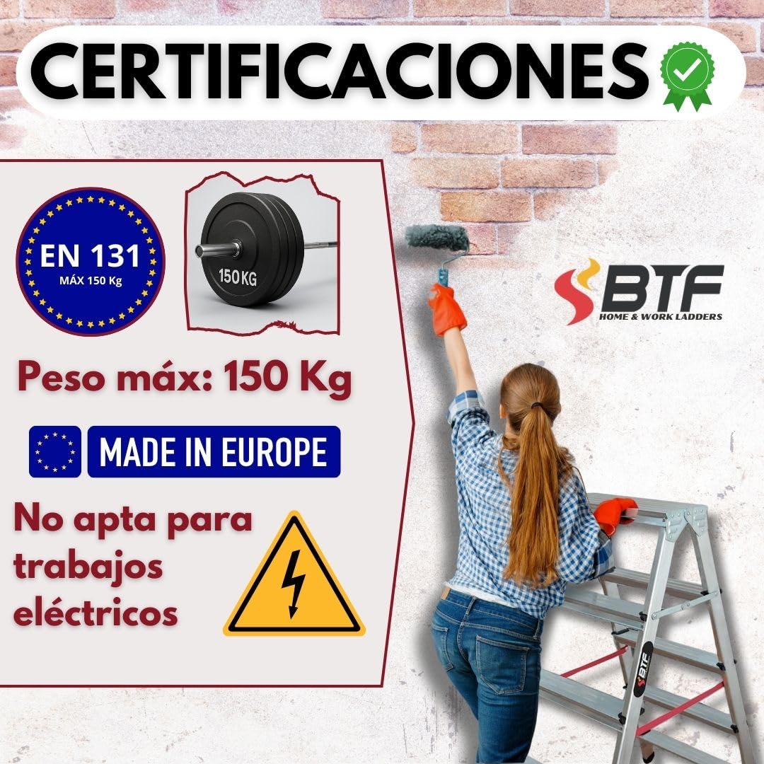 Nawa échelle escabeau Double Pliant 4 marches Aluminium antidérapant Hauteur Max. Accessible des Deux côtés 2 x 4 Niveaux Charge Max. 150 Kg. Fabriqué en Europe