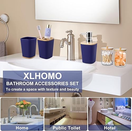 Miniatura 5 de Juego de 9 accesorios de baño, azul marino, cubo de basura, soporte y recipiente para cepillos de dientes, dispensador de jabón, bandeja de tocador,