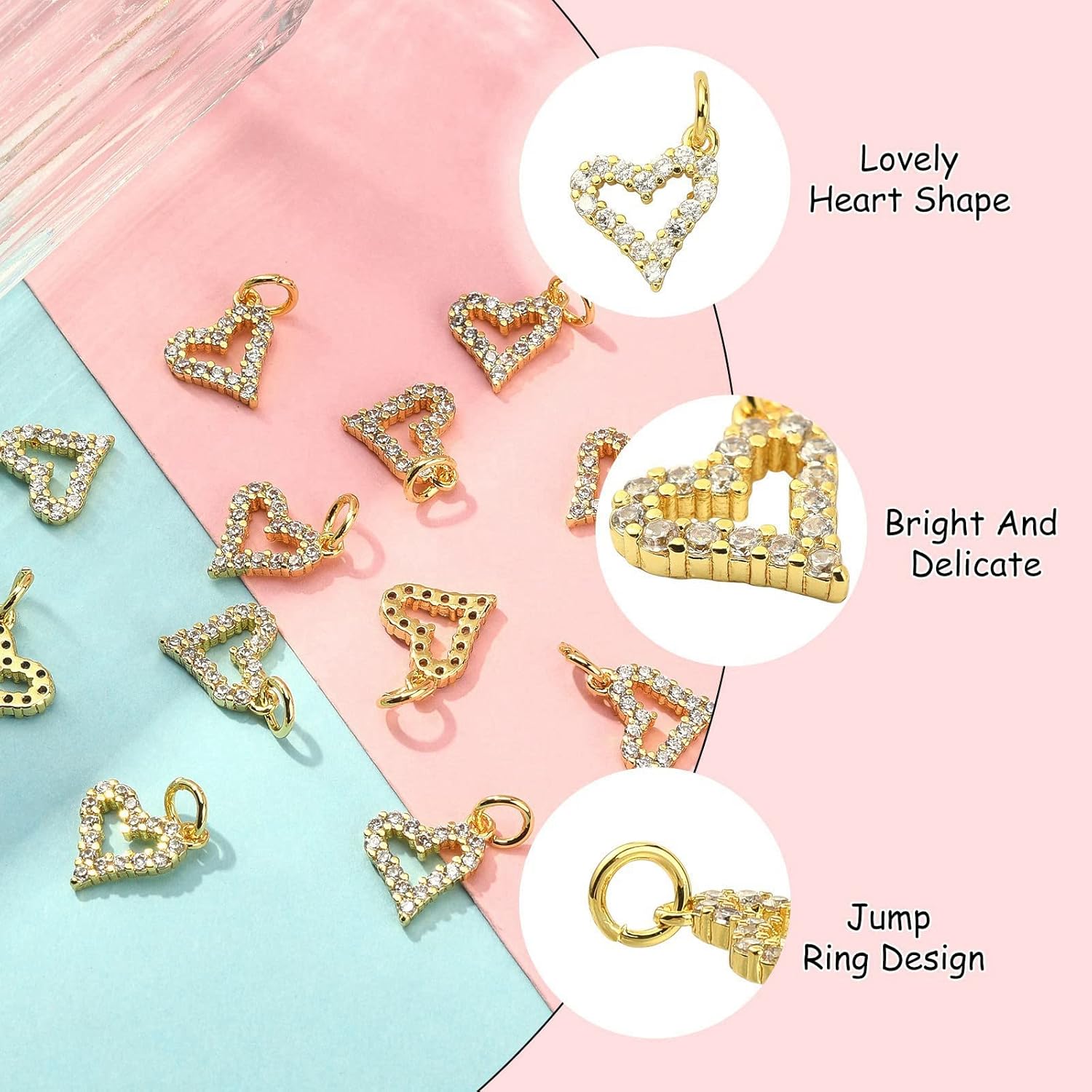 DanLingJewelry 20pcs Cubic Zirconia Brass Heart Charms 18K Gold Plated for Jewelry Making Choker Tiny Dangle - Image 3