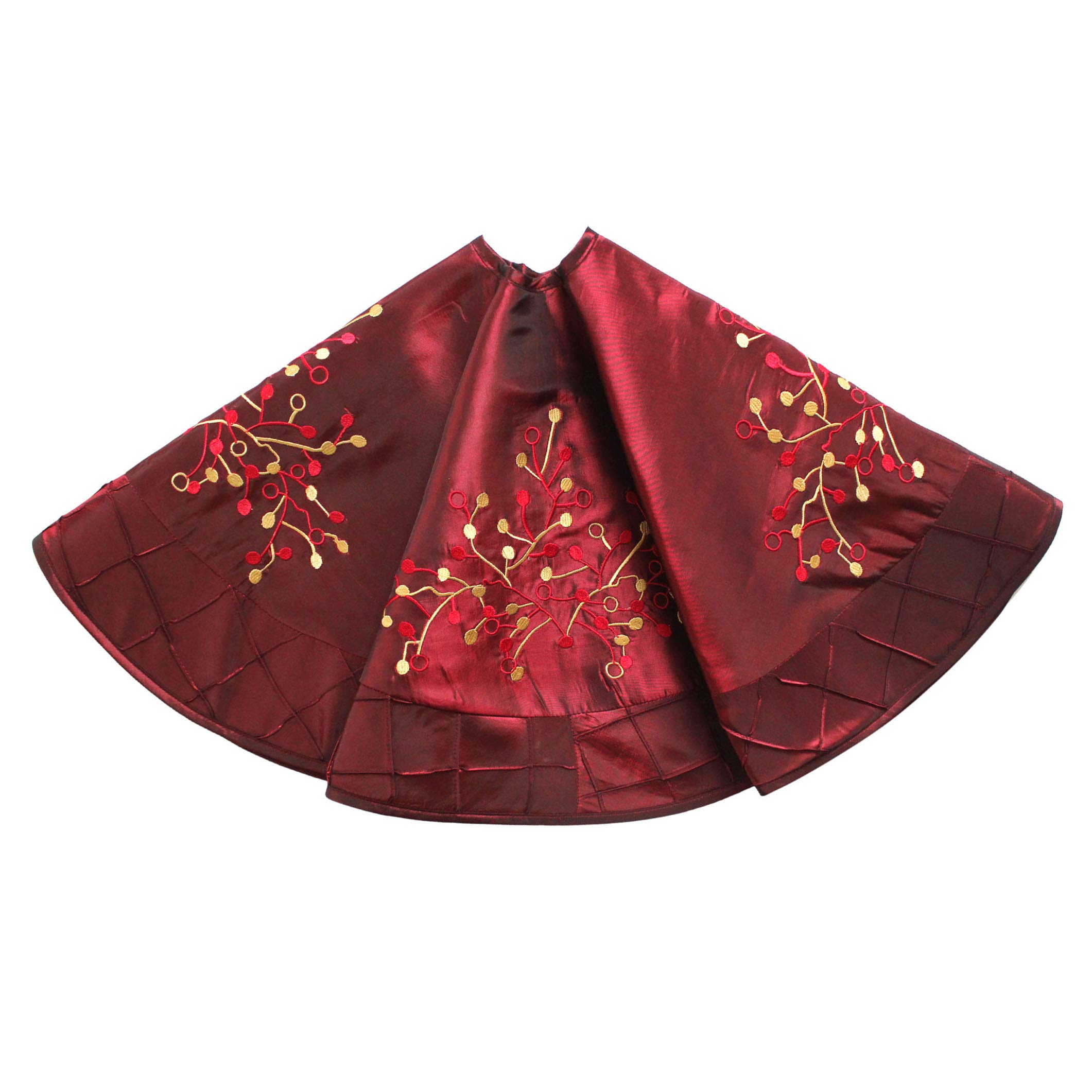Gireshome 42" Burgundy faux silk Deluxe Embroidered Berry with Handcraft Pintuck Border Christmas Tree Skirt Christmas Decoration