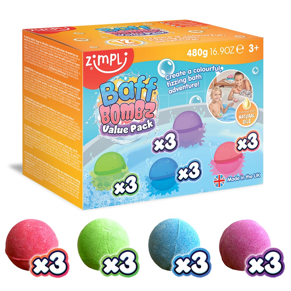 ZIMPLI - 12 x Baff Bombz, Create a Colourful, fizzing, bathtime Adventure, Bathtub Bath Bombs for Toddlers, Party Bag Fillers, Favours