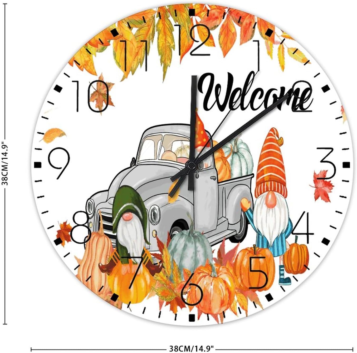 Wood Hanging Wall Clock Analog Round Non-Ticking Seasonal Welcome Fall Decorative Wall Clocks Autumn Fall Pumpkin Harvest Truck Home Decor for Yoga Room Living Room Conference Room 15 Inch