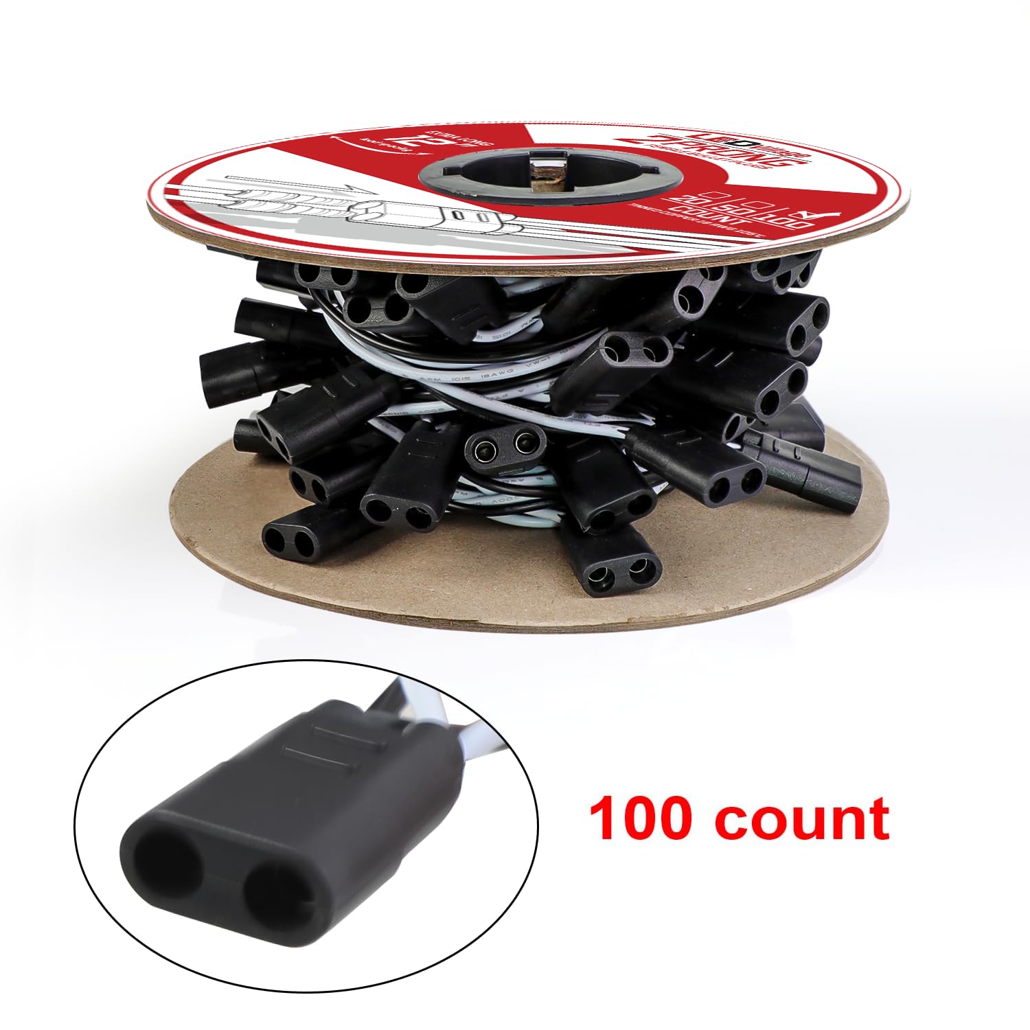 Wire Harness Roll 100 Counts Extra Long 12" Spacing on Lead, 2-Prong Double Female Bullet Plugs 18 AWG - 100 ft. for LED Marker Lights Truck Trailer Semi-Truck RV