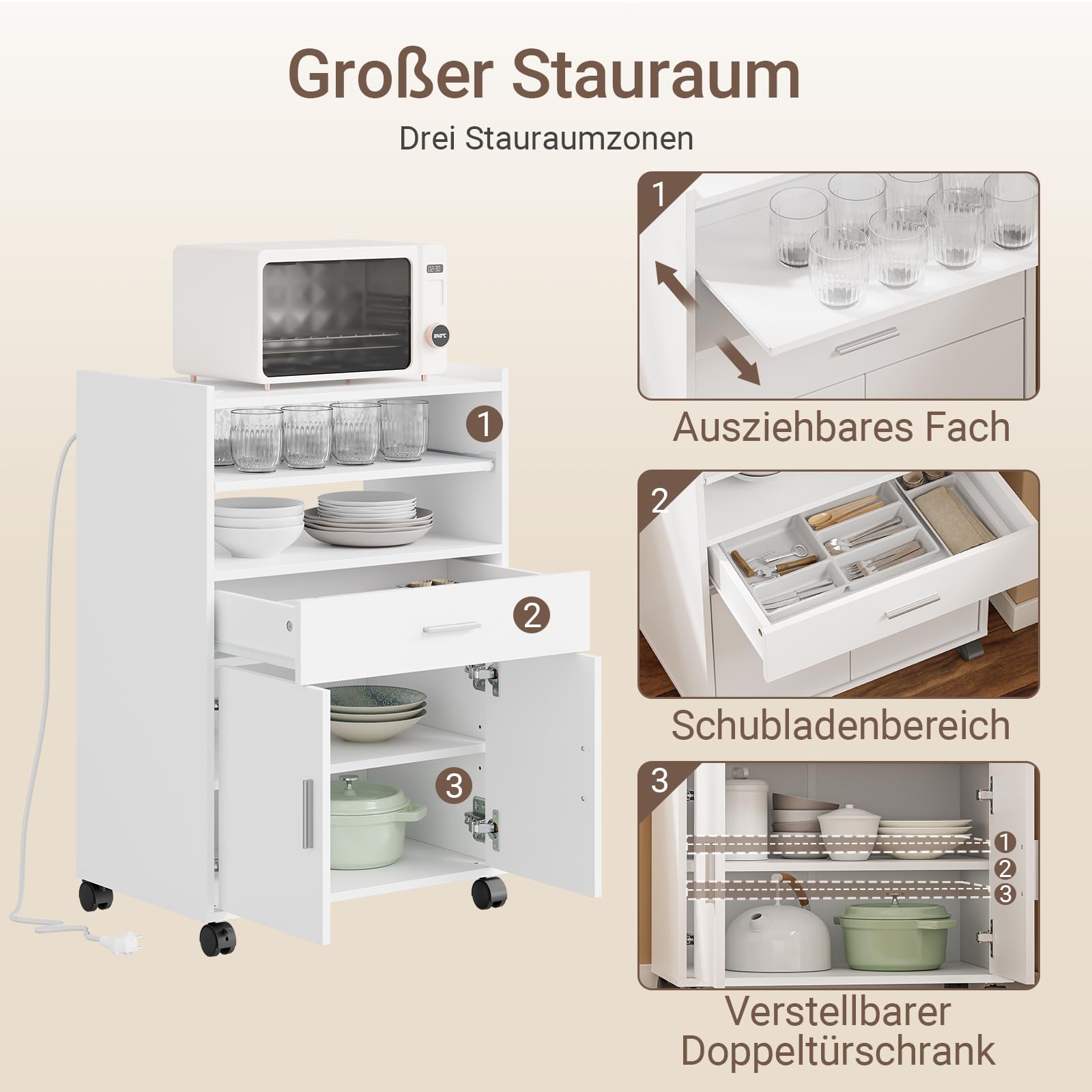 SoBuy Mikrowellenschrank mit 4-in-1-Ladestation für Küche 61,5×40×92 cm | Küchenwagen mit Arbeitsplatte, flexibel mit 4 Rollen (2 feststellbar) oder 4 Standfüßen nutzbar, aus PB und MDF, FSB09-E-W