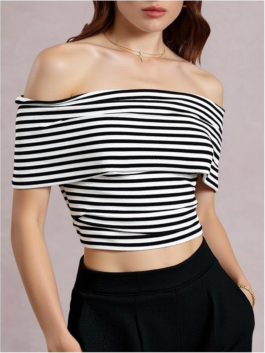 SHENHE Women's Off Shoulder Striped Crop Tops Sleeve Slim Fit Knit Going Out Tees - Image 5