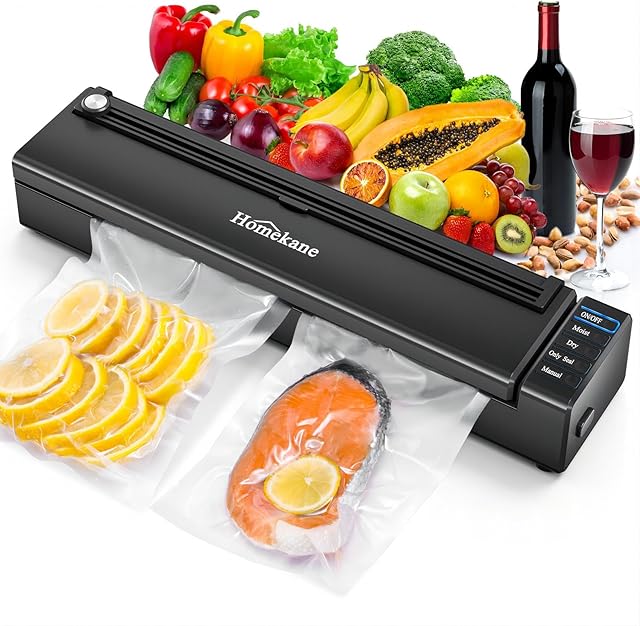 HOMEKANE Vacuum Sealer Machine Strong Suction 5 Modes for Dry & Moist Foods Built-in Cutter Vacuum Food Sealer for Keep Meat Vegetables Snacks Fruits Grains Fresh