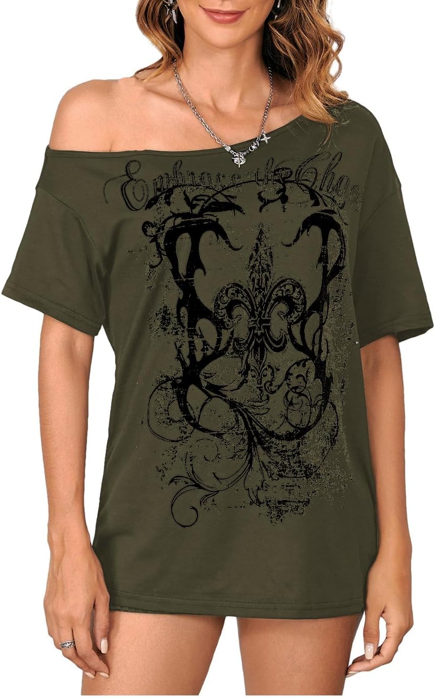 SOLY HUX Women's Off The Shoulder Tops Graphic Tees Y2k Vintage Gothic Oversized T Shirts Streetwear - Image 4