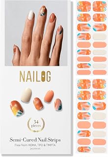 NAILOG Semi Cured Gel Nail Strips 34Pcs Orange Nail Stickers - Masterpiece | 34 Strips In 17 Sizes, DIY Salon-Quality Gel Nails, Glossy, Long-Lasting, HEMA-Free, Vegan, Easy & Safe
