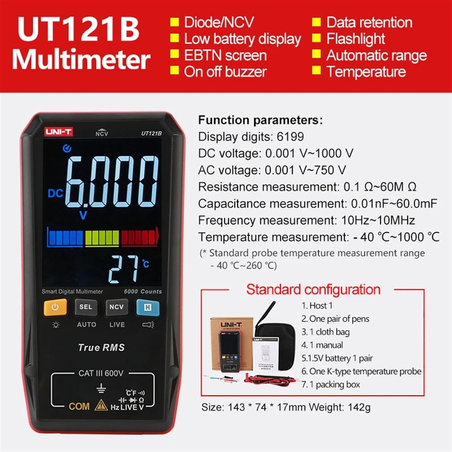 1PCS UT121A UT121B UT122 Smart Digital Multimeter AC Voltage Tester Multimeter True RMS Digital Capacimeter Frequency Meter(UT121B)