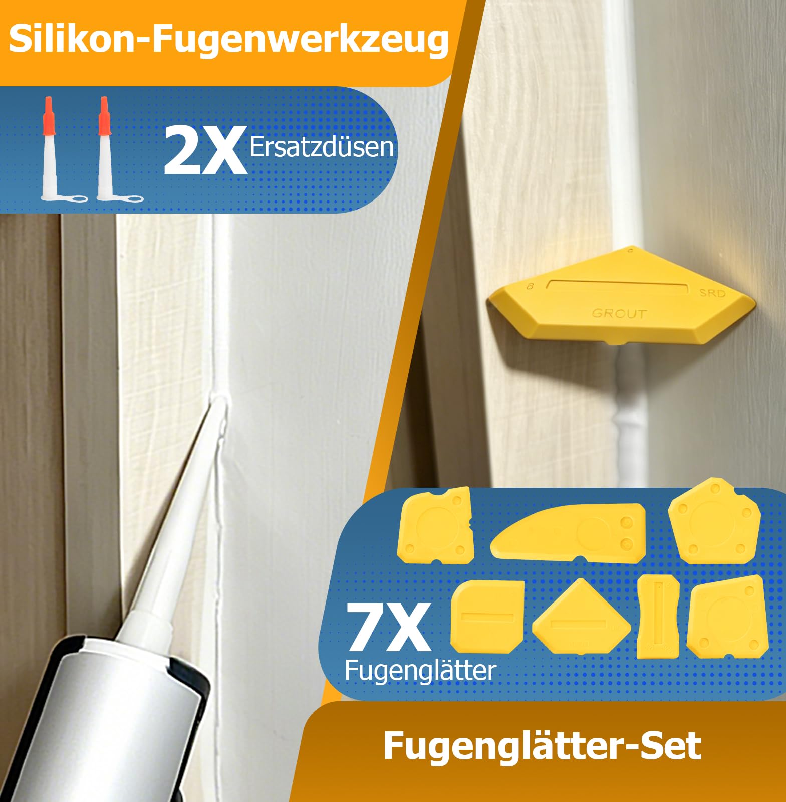 Silikonpistole Silikon Abzieher Set, 25 tlg Silikonentferner Kit mit Kartuschenpresse, Fugenkratzer und Fugenglätter, Zum Entfernen von alter Silikonfugen und Glätten neuer Fugen für Küche und Bad