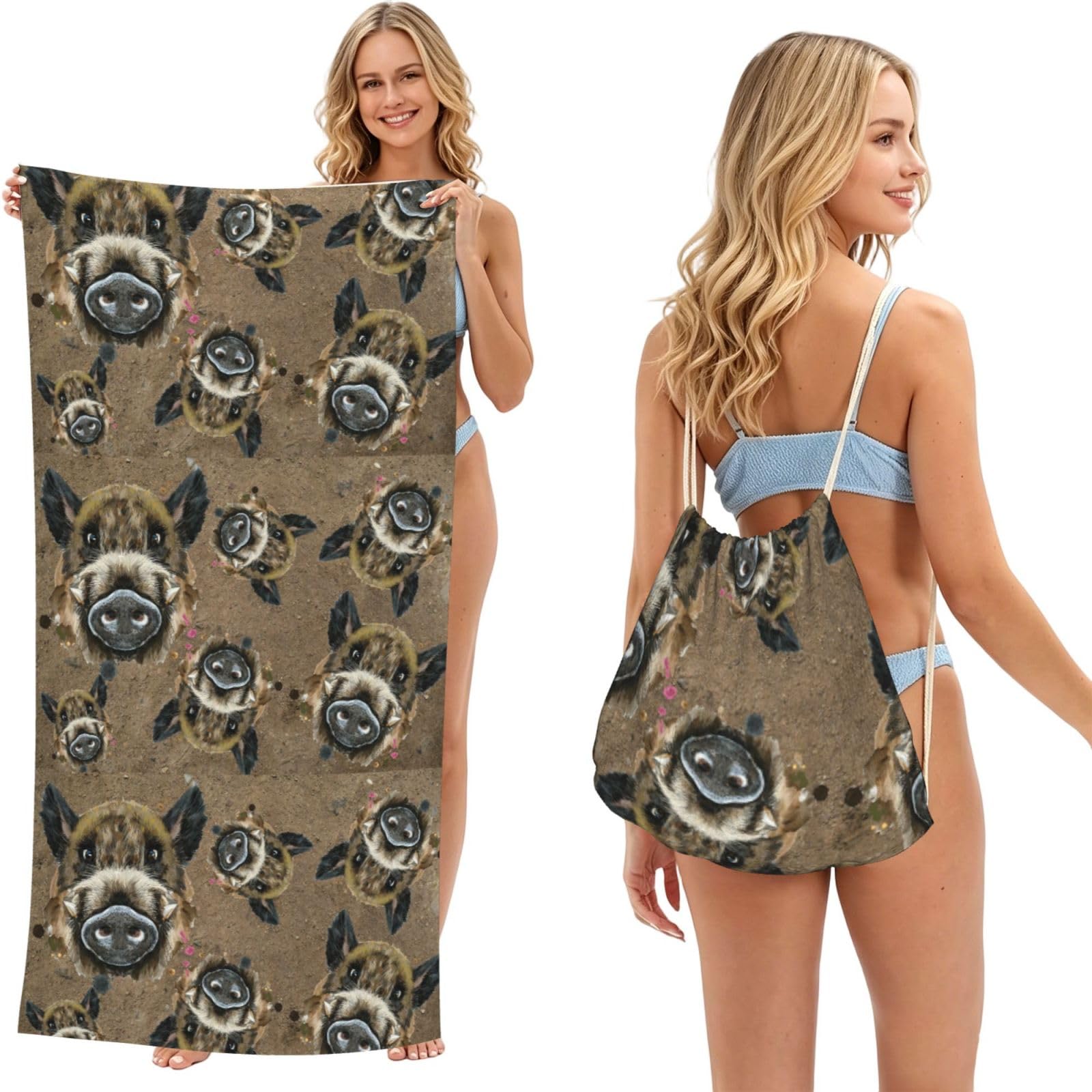 Poadnly As Picture Wild Boars, 2 In 1 Packable Towel Bag, Beach Towels With Drawstring Backpack For Travel Holiday Camping