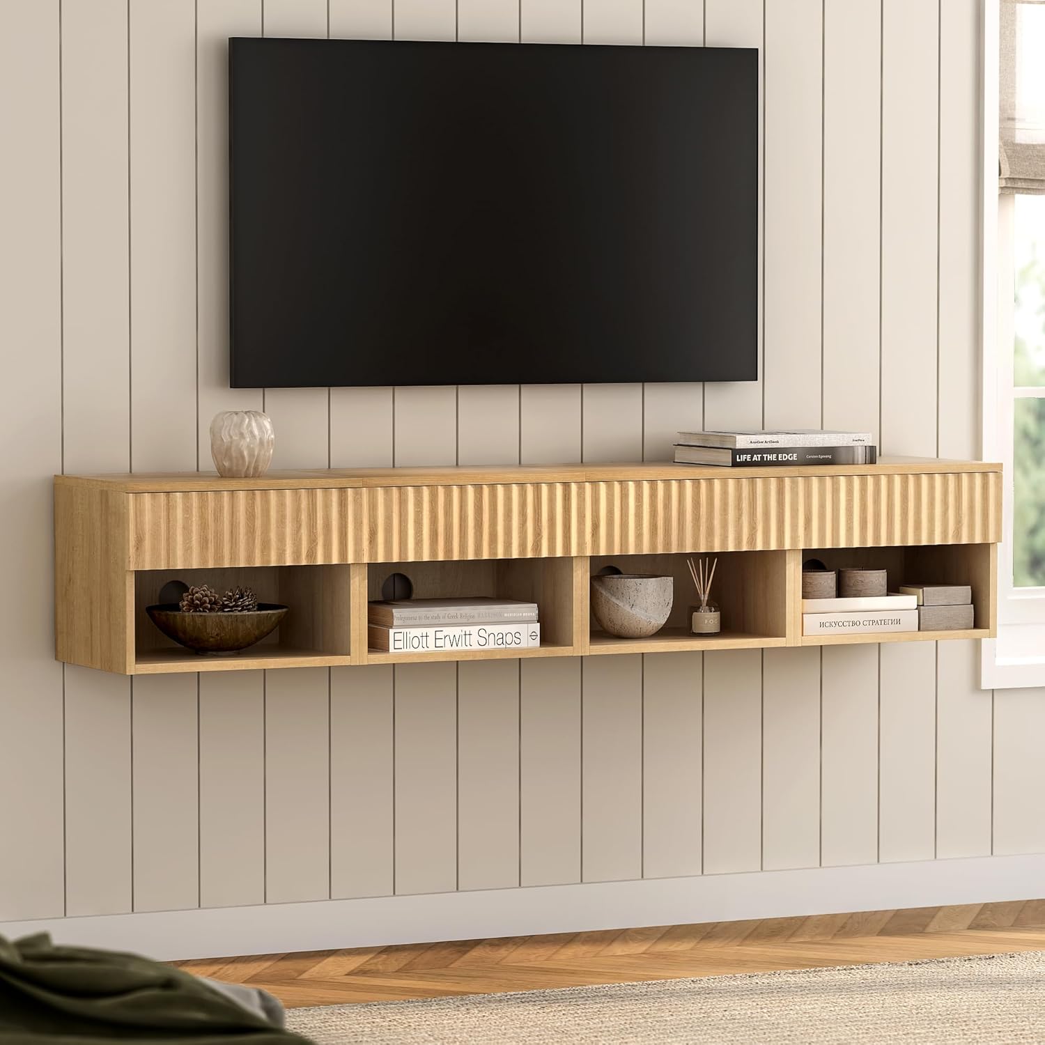 Fluted TV Stands Set of 4, Modern Small Floating Nightstand with Drawer and Open Storage Shelf Night Stand Wall Mounted Bedside Tables Natural Oak