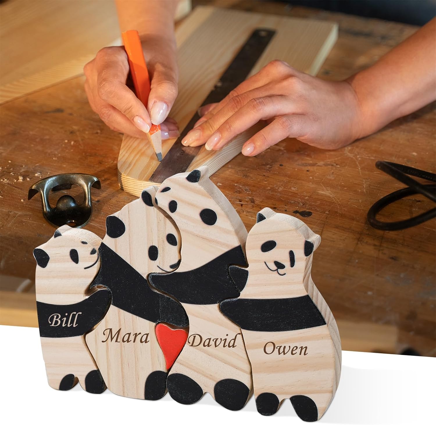 LucySky Personalized Wooden Panda Puzzle with 4 Family Names, Custom Wooden Puzzle, Personalized Wooden Puzzle Gift for Mother's Day, Father's Day, Birthday, Wedding, Anniversary