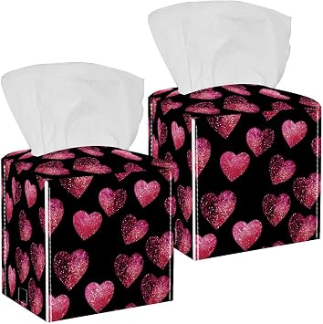 2 Pcs Glitter Pink Hearts Tissue Box Holder Cover Square Tissue Cover PU Leather Tissue Organizer with Bottom Belt for Bathroom, Tabletop, Kitchen, Night Stands, Office, Home, Car