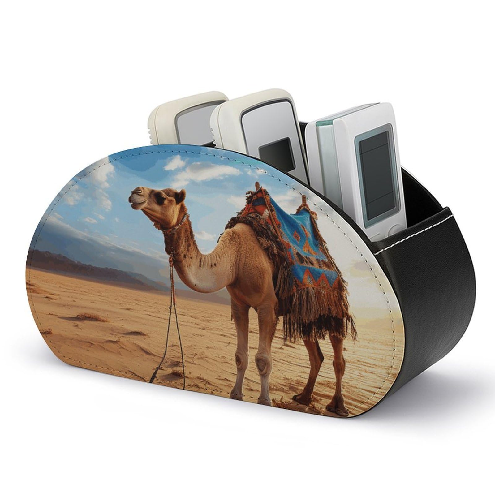 JTREHY PU Leather Remote Control Holder, Camel Sky Printed Desktop Caddy Storage with 5 Compartments, Fits TV Remotes, Media Controllers, Office Supplies, Makeup Brush