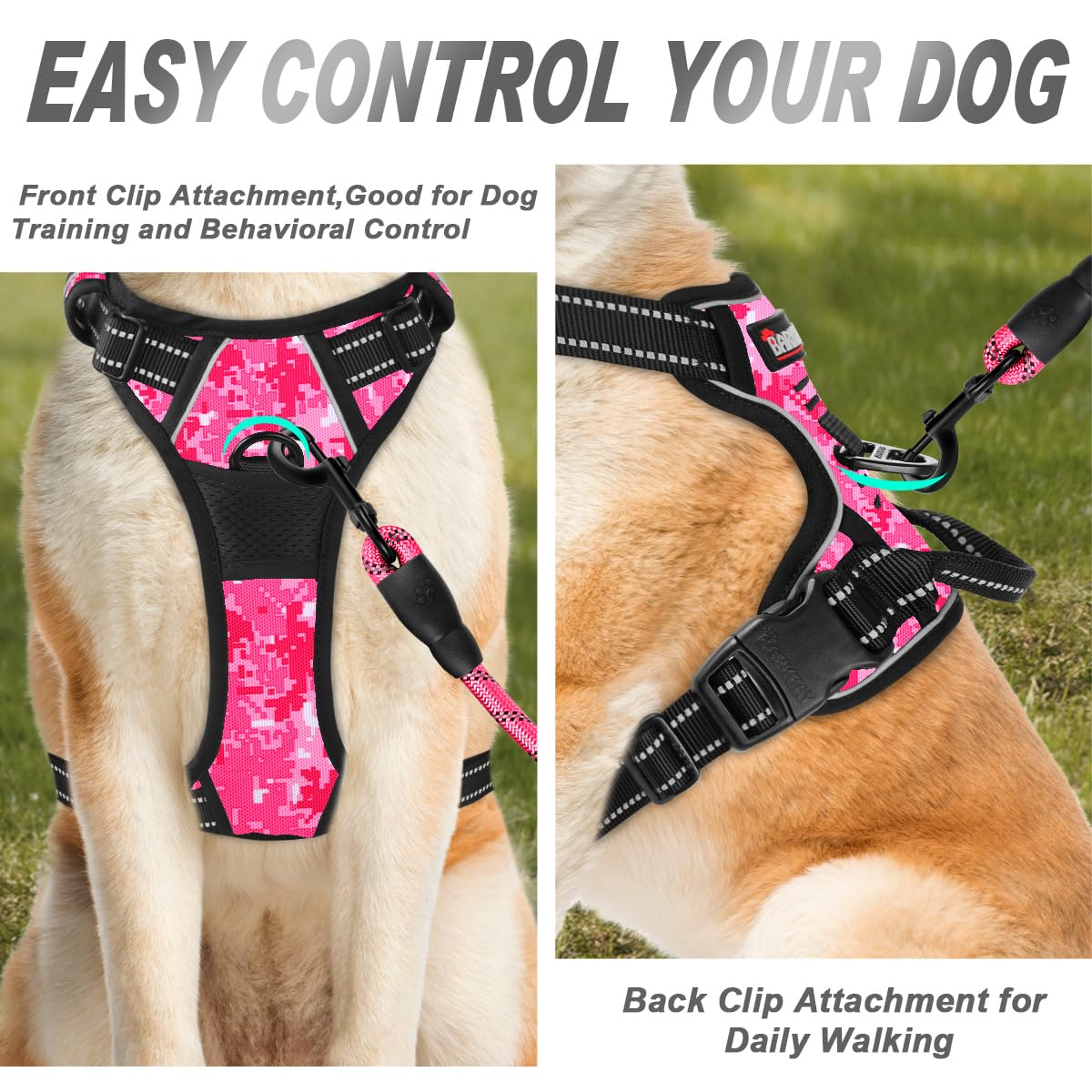 BARKBAY No Pull Dog Harness Front Clip Heavy Duty Reflective Easy Control Handle for Large Dog Walking(Pink camo,M) - Image 2