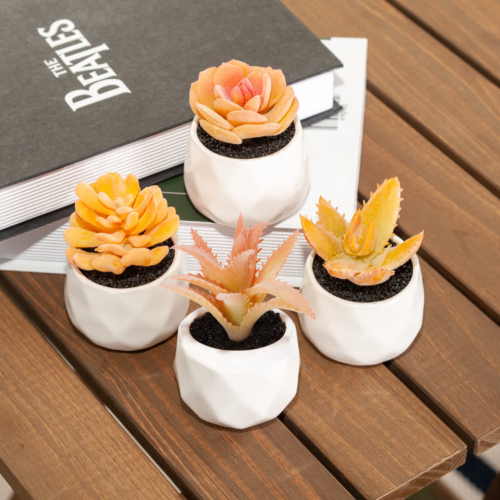 Suculentas artificiales artificiales en macetas, mini plantas falsas naranjas para escritorio de mujer, pequeñas suculentas realistas para accesorios de oficina en casa, alféizar de ventana, 4