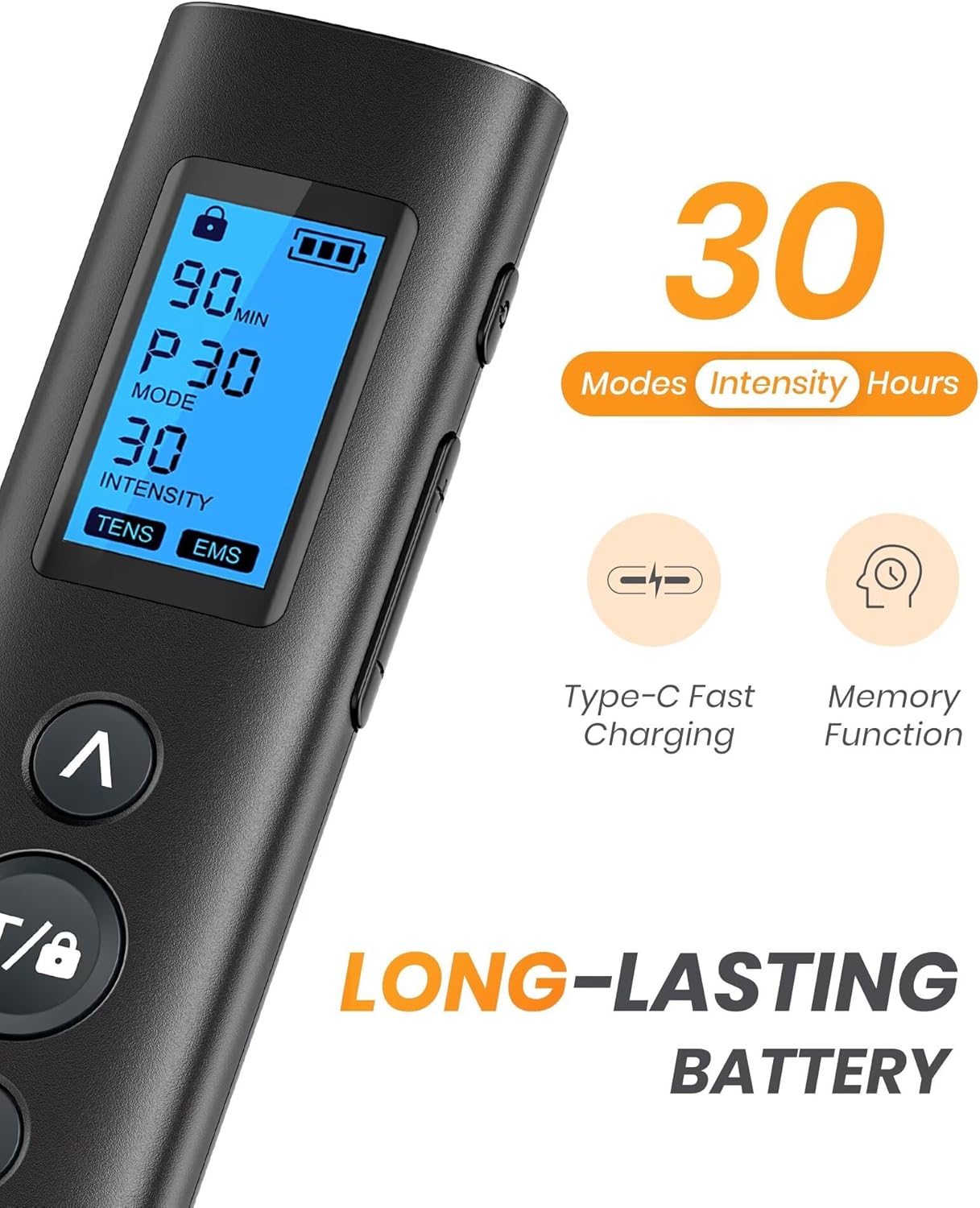 AVCOO 30 Modes TENS EMS Unit Compact Muscle Stimulator for Pain Relief of Back, Shoulder, Neck, Rechargeable & Portable Dual Channel EMS Muscle Stimulator with 30 Intensity Levels, 12 Electrode Pads - Image 3