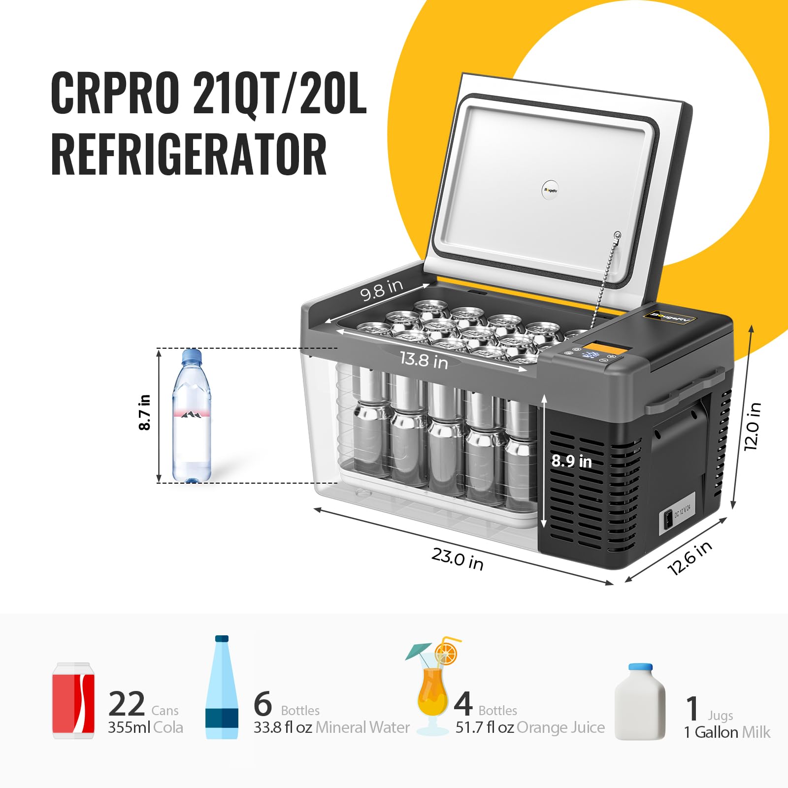 BougeRV CRPRO 12V Compressor Fridge Freezer 20L Car Fridge Portable Car Refrigerator 12/24V DC 110-240V AC for Camping Outdoor Travel Campervan RV Boat Home, -22℃ to 10℃, Battery Not Included - 4