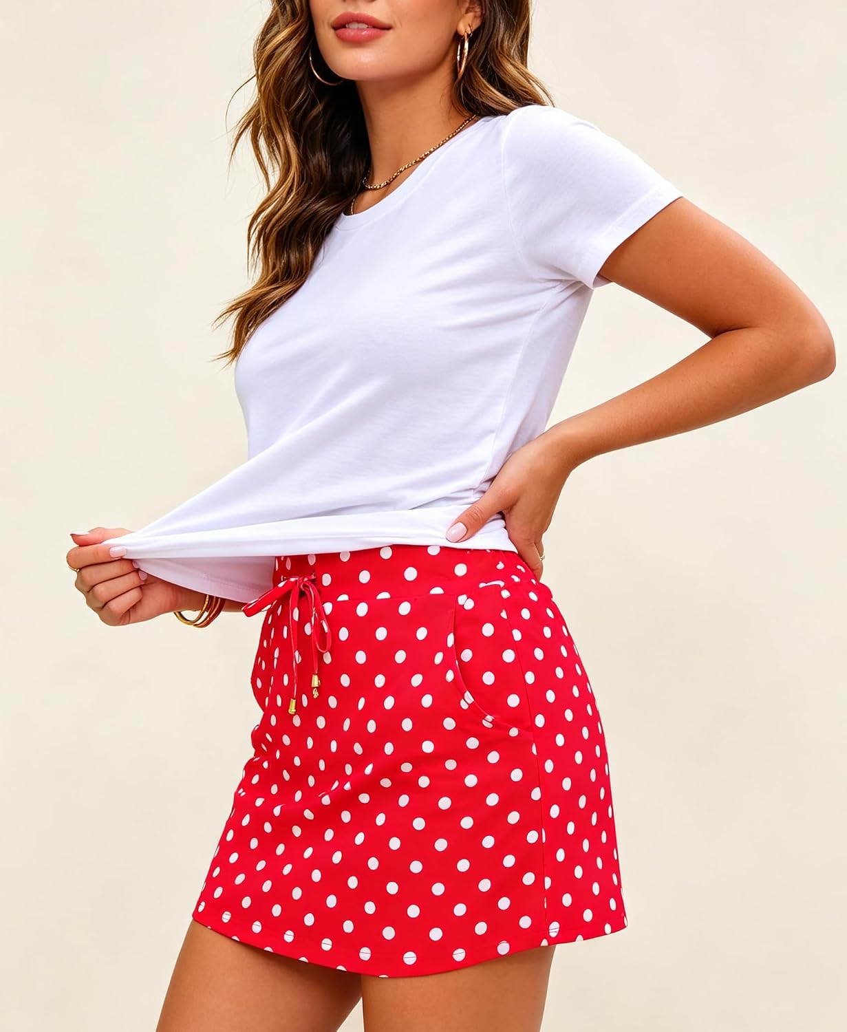 Pinclodly Womens Skirts Polka Dot Drawstring High Waist Summer Mini Skort