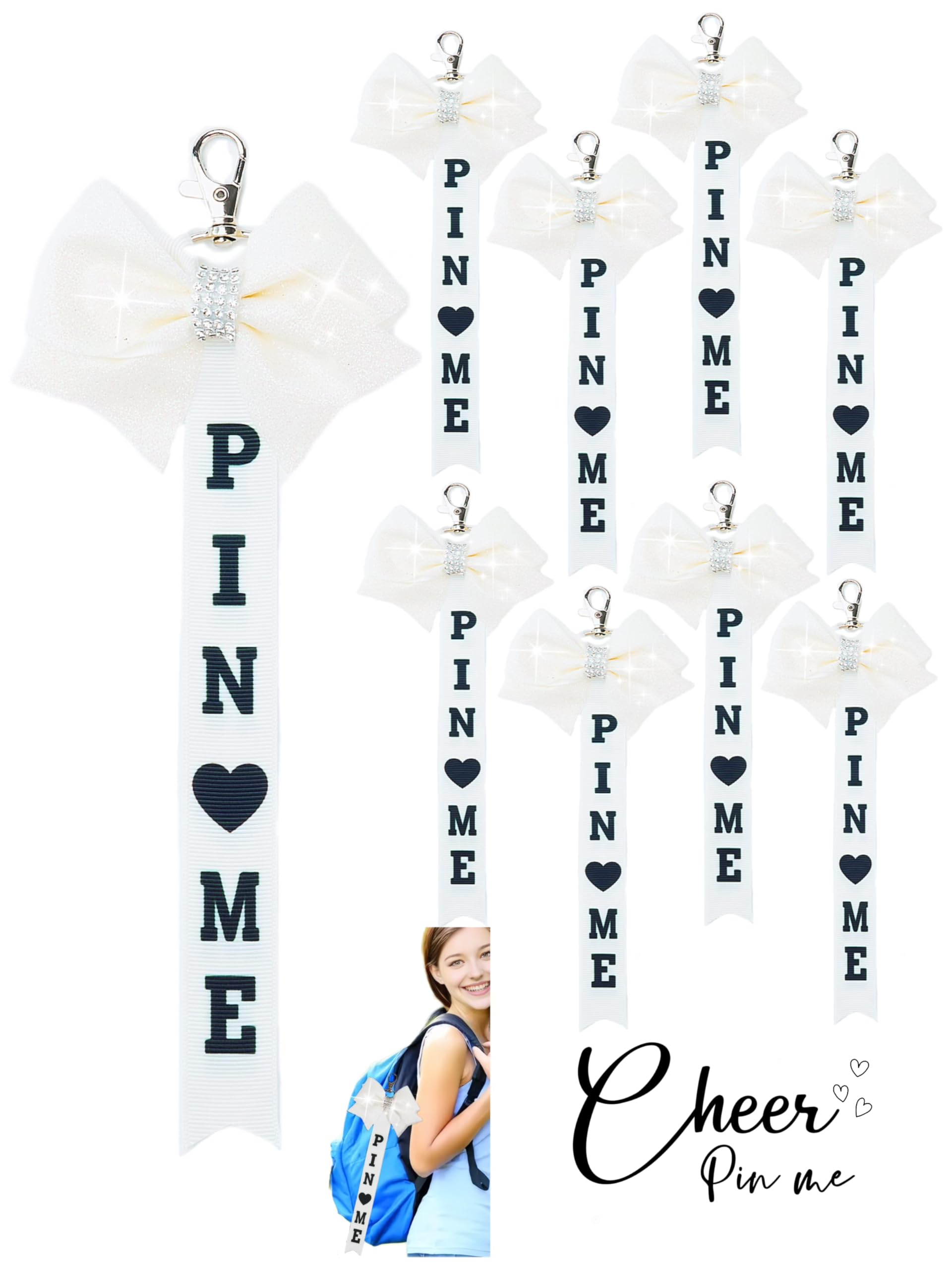 Cheer Pin Me Ribbon Cheerleader Pin Me Bow Cheer Bow Keychain with Rhinestones Cheerleading Sports Accessory Gift